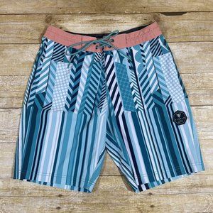 VISSLA Jason Woodside Board Shorts Swim Trunks 28 Stretch Blue White Striped Dot
